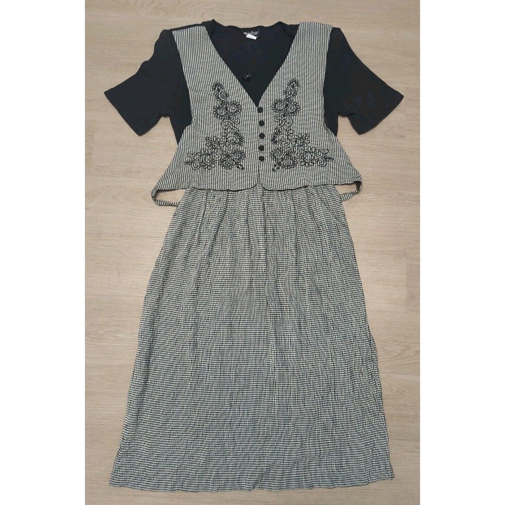 1990s Vintage Impulsive Embroidered Gingham Vest Midi Dress Size 18